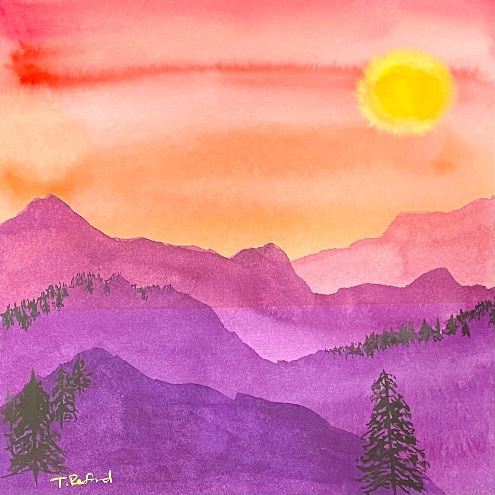 Hand painted watercolor original painting purple mountains sunset